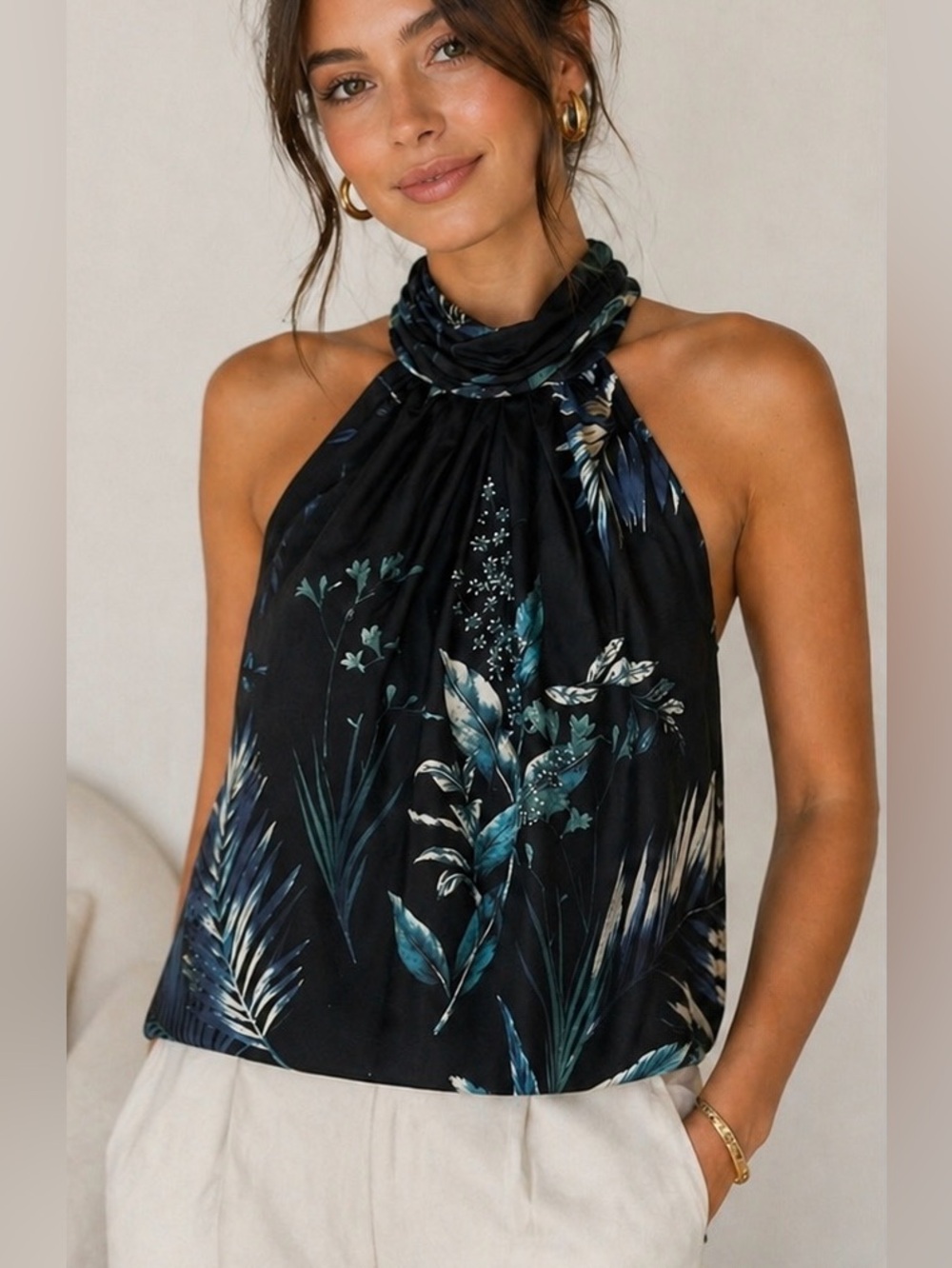 RTA Floral Halter Top Black Blue Botanical Print‎ Women’s size Small